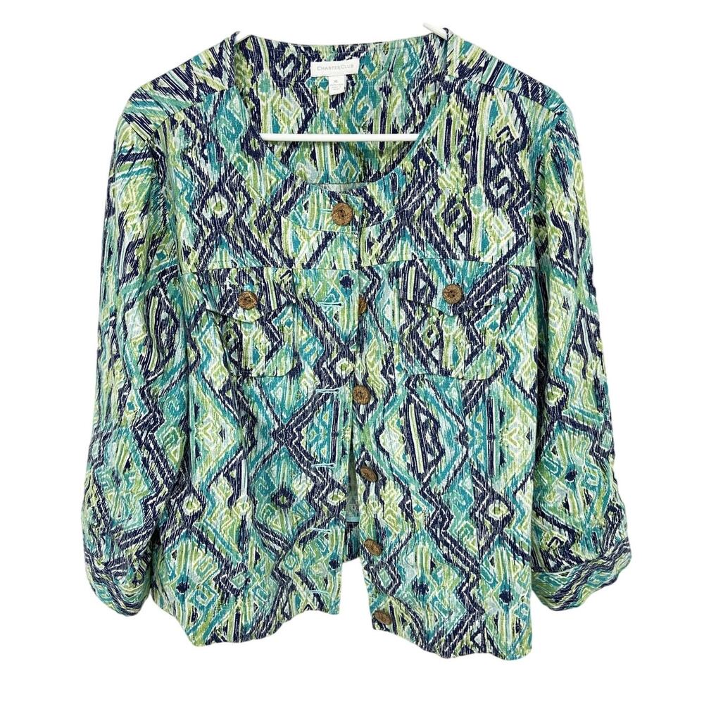 Charter Club 100% Linen Button Up Green Aztec Jacket Cardigan Size XL